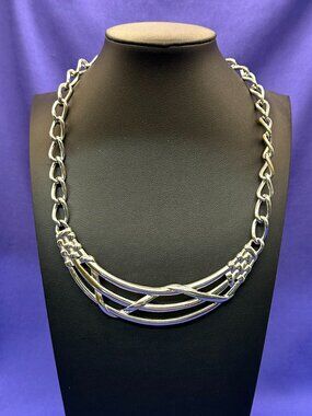 VTG Monet Basketweave Silver-Tone Statement Necklace
